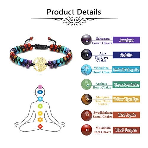 Jovivi 7 Chakra Healing Tree of Life Bracelet with Real Stones