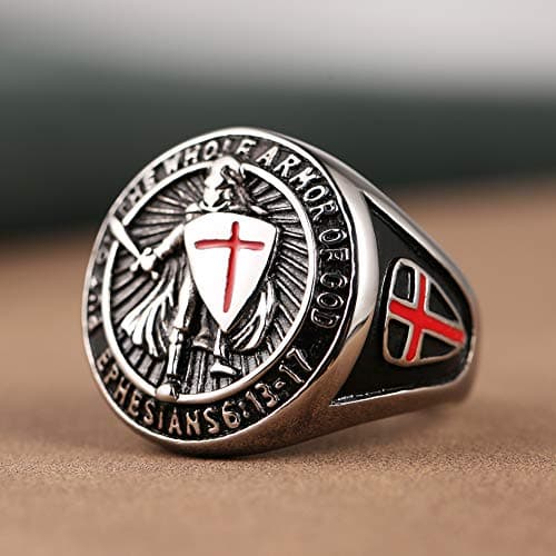Knights Templar Men's Stainless Steel Ring with Red Cross Design