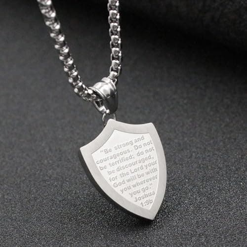 Mens Cross Necklace Shield Armor of God Pendant with Joshua 1:9 Verse in Stainless Steel