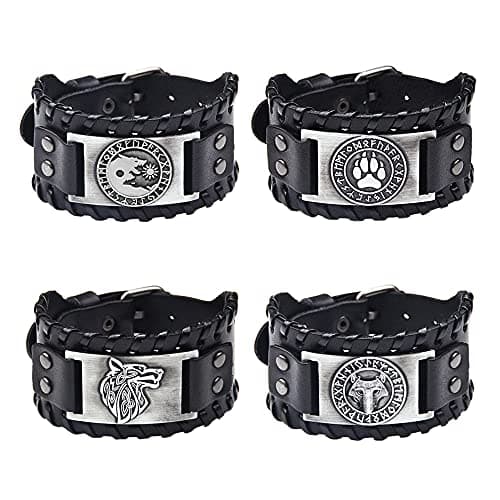 TURTLEDOVE 4PCS Viking Leather Wolf Fenrir Cuffbracelet