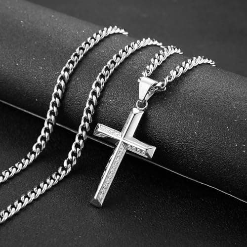 HZMAN Men's Stainless Steel Cross Pendant Necklace with Cubic Zirconia 5mm Cuban Chain 24 Inch