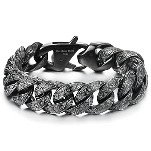 Vintage Stainless Steel Men's Curb Chain Bracelet with Tribal Tattoo Pattern