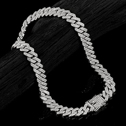 JUNVirtuous Men's & Women's Cuban Link Chain Necklace & Bracelet, Silver Bling Diamond Jewelry