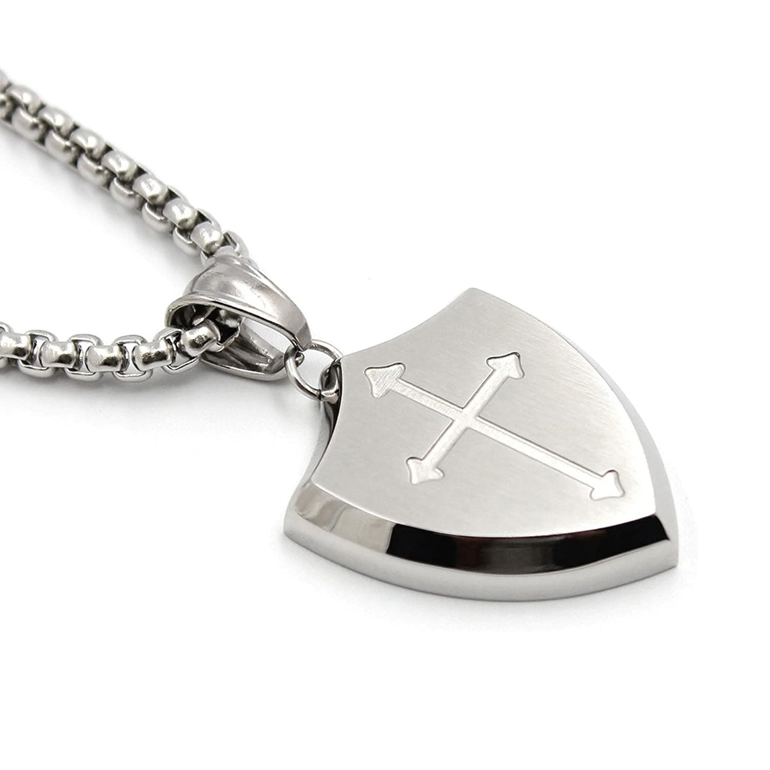 Mens Cross Necklace Shield Armor of God Pendant with Joshua 1:9 Verse in Stainless Steel