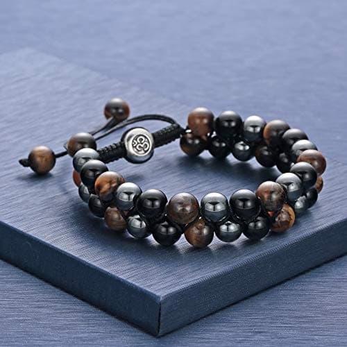 Triple Protection Tiger Eye Lava Rock Mens Bracelet - Adjustable Chakra Healing Yoga Gift