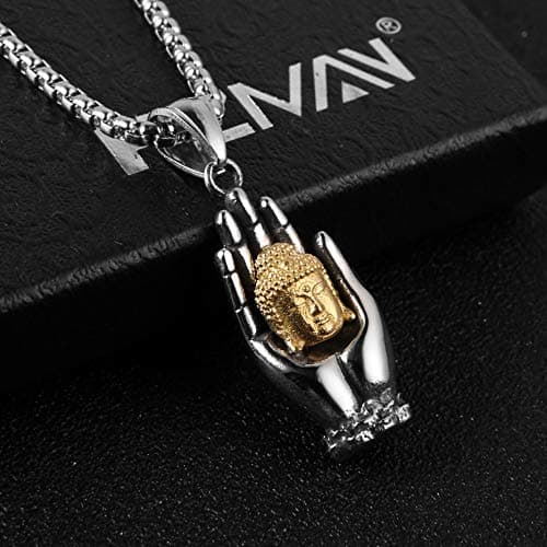 HZMAN Vintage Stainless Steel Tibetan Amitabha Buddha Pendant Necklace