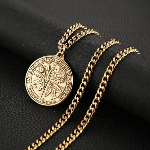 HZMAN Men's Stainless Steel Coin Necklace with Retro Ecclesiastes Bible Verse Pendant Jewelry Gift