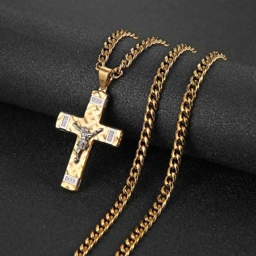 HZMAN Men's Stainless Steel Small Crucifix Necklace Christian Jewelry with 24Inch Cuban Chain