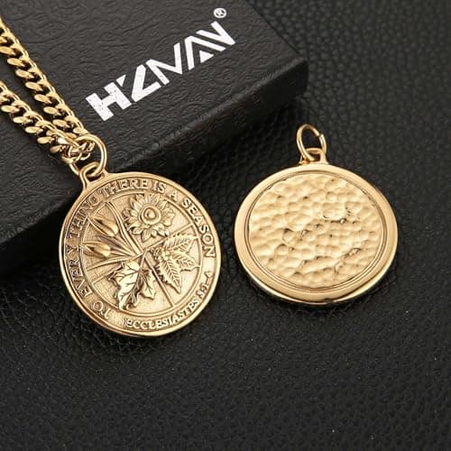 HZMAN Men's Stainless Steel Coin Necklace with Retro Ecclesiastes Bible Verse Pendant Jewelry Gift