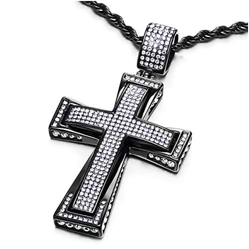 COOLSTEELANDBEYOND Mens & Womens Large Steel Cross Pendant Necklace with Cubic Zirconia