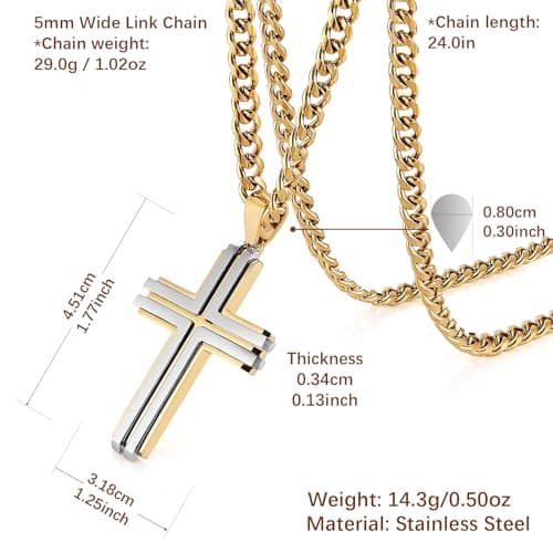 HZMAN Men's Stainless Steel Double Layer Cross Necklace Pendant Christian Faith Jewelry with 24Inch Chain