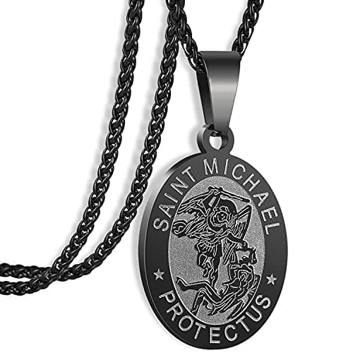 Apsvo Oval Catholic Saints Pendant Medallion, Stainless Steel Wheat Chain 24 Inches
