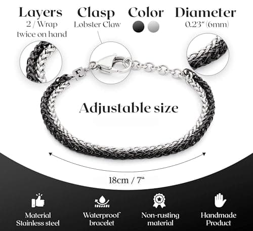 Galis Stainless Steel Rope Chain Bracelet for Men - Silver & Black 7"