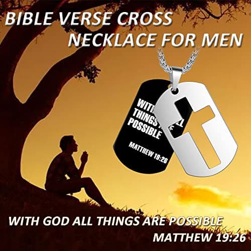 ZRAY Men's Stainless Steel Chain Dog Tag Necklace with Bible Verse Cross Pendant