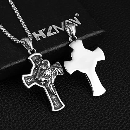 Stainless Steel Cross Necklace for Men Women with Lion Head Pendant and Chain