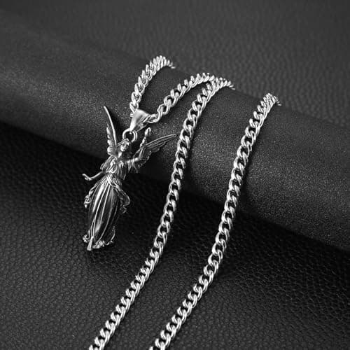 HZMAN Retro Stainless Steel Guardian Angel Pendant Necklace