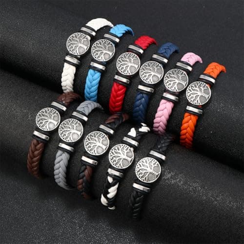 Family Tree of Life Braided Leather Cuff Bracelet for Men and Women