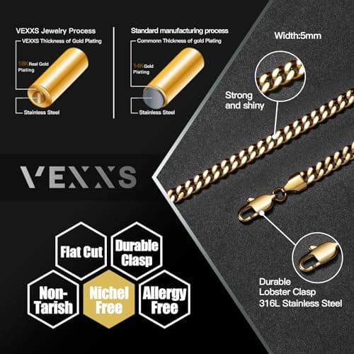 VEXXS Men's Real Gold Plated Cuban Link Chain Necklace, Durable 4mm-6mm