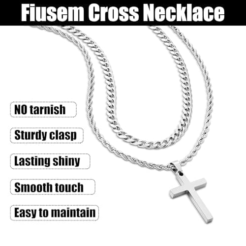 Fiusem Layered Mens Cross Necklace, Stainless Steel Pendant Rope Chain 16-26 Inch
