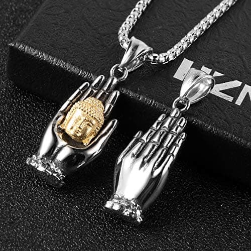 HZMAN Vintage Stainless Steel Tibetan Amitabha Buddha Pendant Necklace
