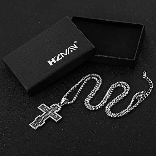 HZMAN Vintage Orthodox Cross Crucifix Necklace, Silver Gold Black, 22+2 Inches Chain