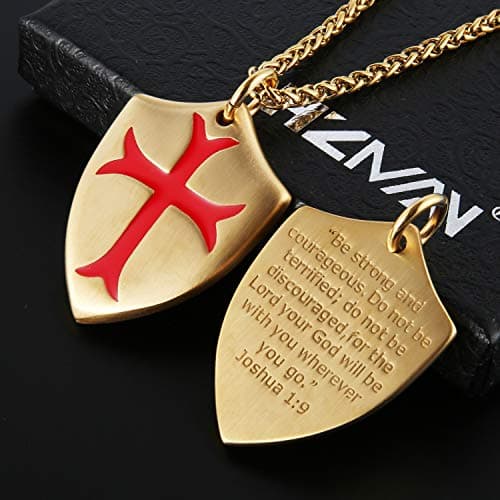 HZMAN Templar Cross Pendant Necklace with Shield 22+2 inch Chain