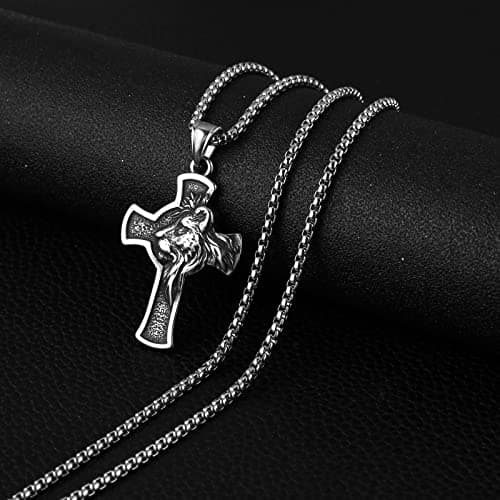 Stainless Steel Cross Necklace for Men Women with Lion Head Pendant and Chain