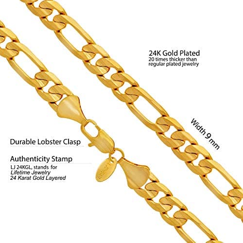 9mm Figaro Chain Necklace 24k Real Gold Plated - Men and Women
