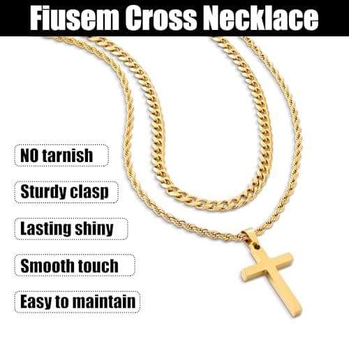 Fiusem Men and Women's Layered Cross Necklaces, Stainless Steel Pendant Chain 16-26 Inch