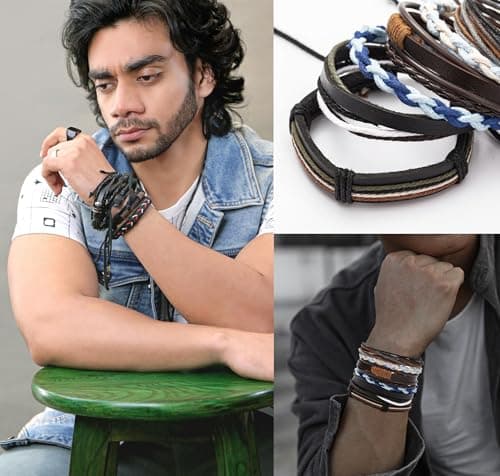 MONAZEO Woven Cuff Bracelets for Men & Women with Wood Beads & Hemp Cords Set