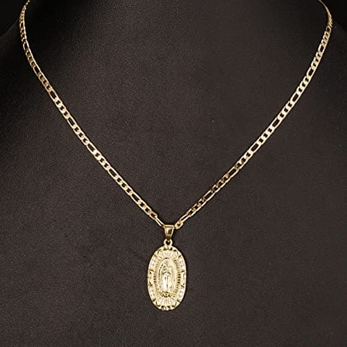 Yipima 14K Gold Plated Guadalupe Virgin Mary Pendant Necklace 3mm Figaro Chain 18/22 inches