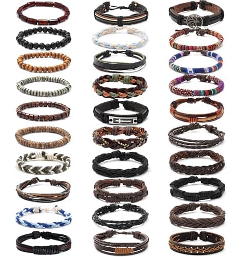 MONAZEO Woven Cuff Bracelets for Men & Women with Wood Beads & Hemp Cords Set