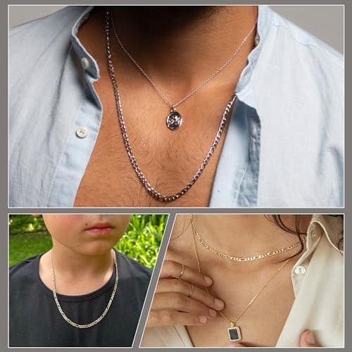 SANNYRA Men's Stainless Steel Figaro Chain Necklace - 18K Gold-plated Silver