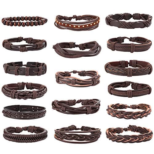 Jstyle Braided Leather Bracelet with Wooden Beads for Men & Women
