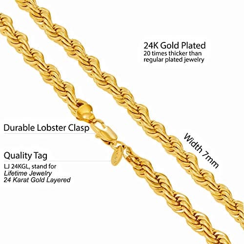 7mm Rope Chain Necklace 24k Gold Plated for Men and Women