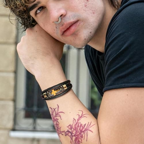 HZMAN Hand-Woven Genuine Leather Tiger Eye Cross Bracelets for Men