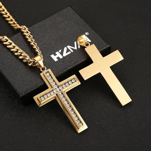 Men's Stainless Steel Cross Pendant Necklace with Cubic Zirconia Inlay and Cuban Chain