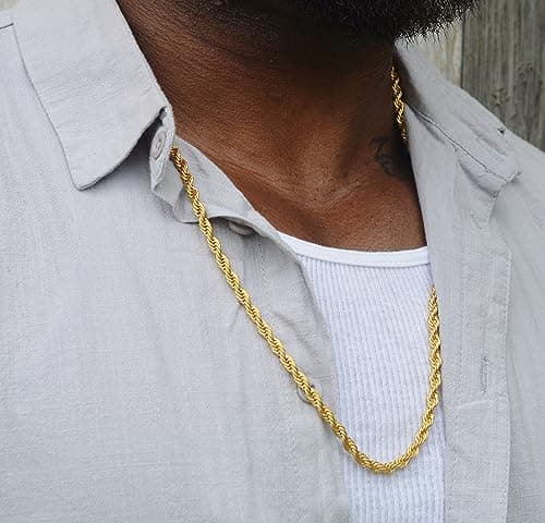18k Gold Plated Rope Chain Necklace for Men and Women - 1.5mm to 5mm, 16 to 36