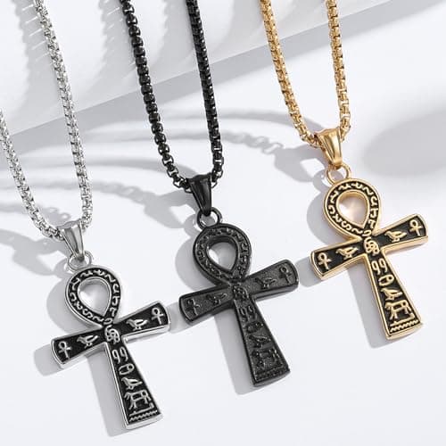 Ancient Egyptian Ankh Cross Pendant Necklace with Coptic Chain - 24 Inch Stainless Steel Chain