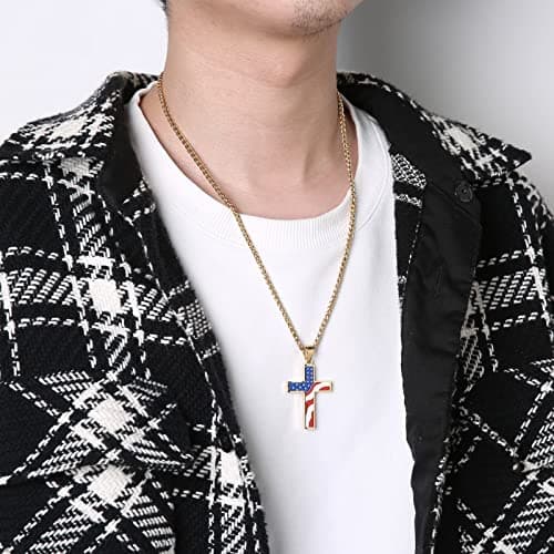 HZMAN American Flag Patriotic Cross Pendant Necklace