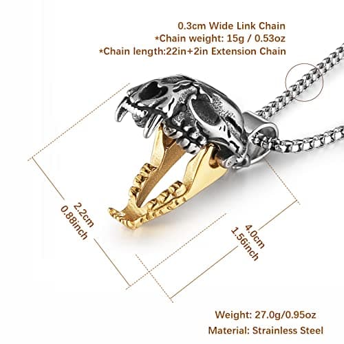 Men's Stainless Steel Sabertooth Tiger Skull Pendant Necklace