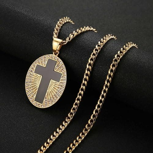 HZMAN Men's Stainless Steel Gold Cross Necklace Black Medal Pendant