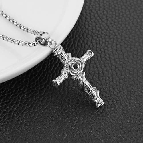 HZMAN Stainless Steel Rose Cross Necklace - Gothic Pendant Birthday Gift