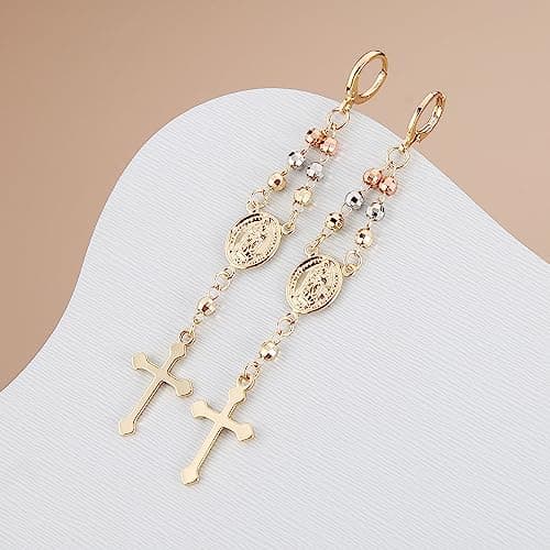 HZMAN Gold Cross Dangle Earrings for Women Virgin Mary