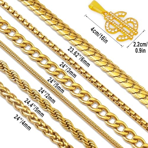 7 Pcs Stainless Steel Necklace Chain Kit with Dollar Pendant - Gold/Silver Plated Men Boys Women