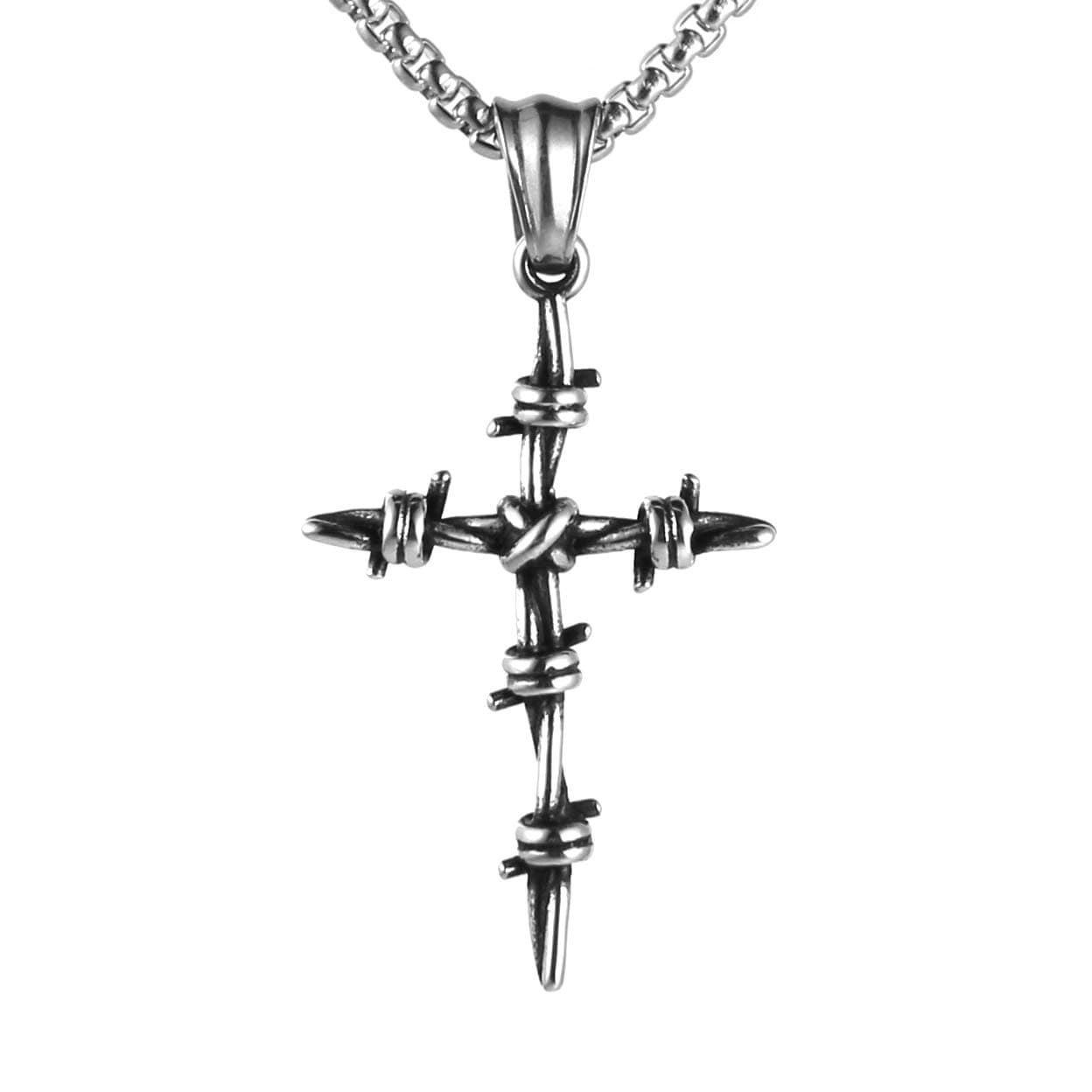 Vintage Silver Nail Cross Stainless Steel Pendant Necklace for Men - 22+2 Inch