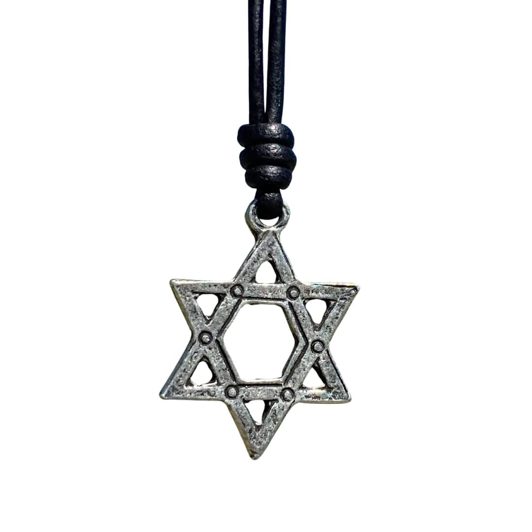 Star of David Necklace - Mens Tequila Sunrise Shop, Gold Mitzvah Gift, Jewish Jewelry, Antique Silver, Black Leather