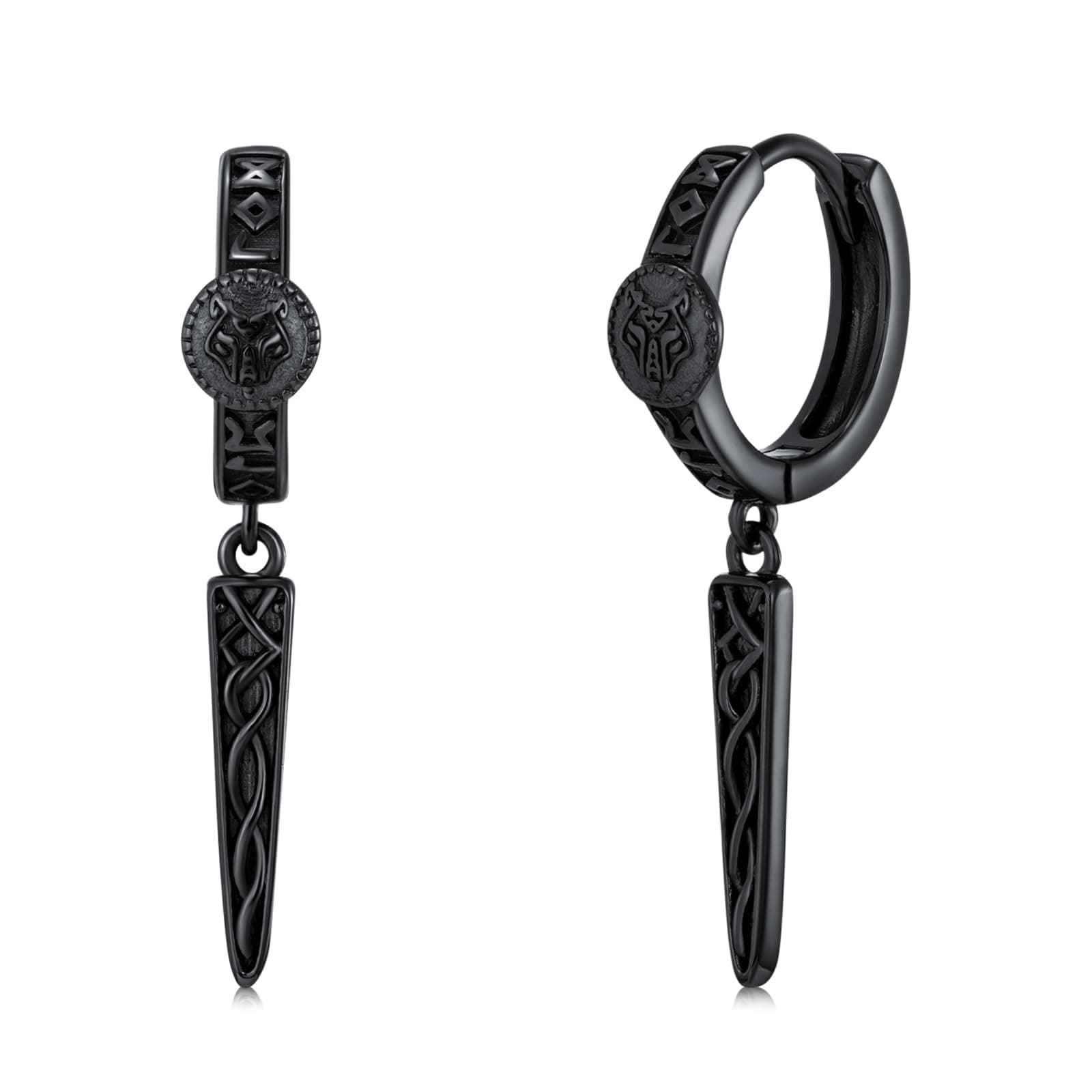 YYmqmq Gothic Punk Black Viking Runes Spike Earrings for Man 925 Silver