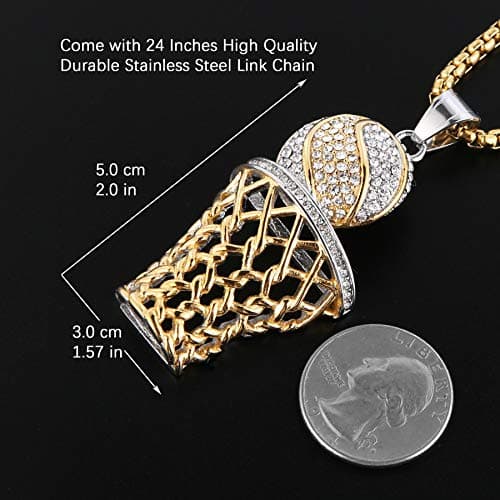 HZMAN Basketball Hoop Necklace for Men Boy Stainless Steel 18K Gold Plated Cubic Zirconia Sports Pendant