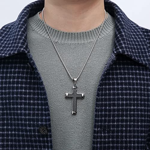 Cross Necklace Pendant Lord's Prayer Stainless Steel Men's Large